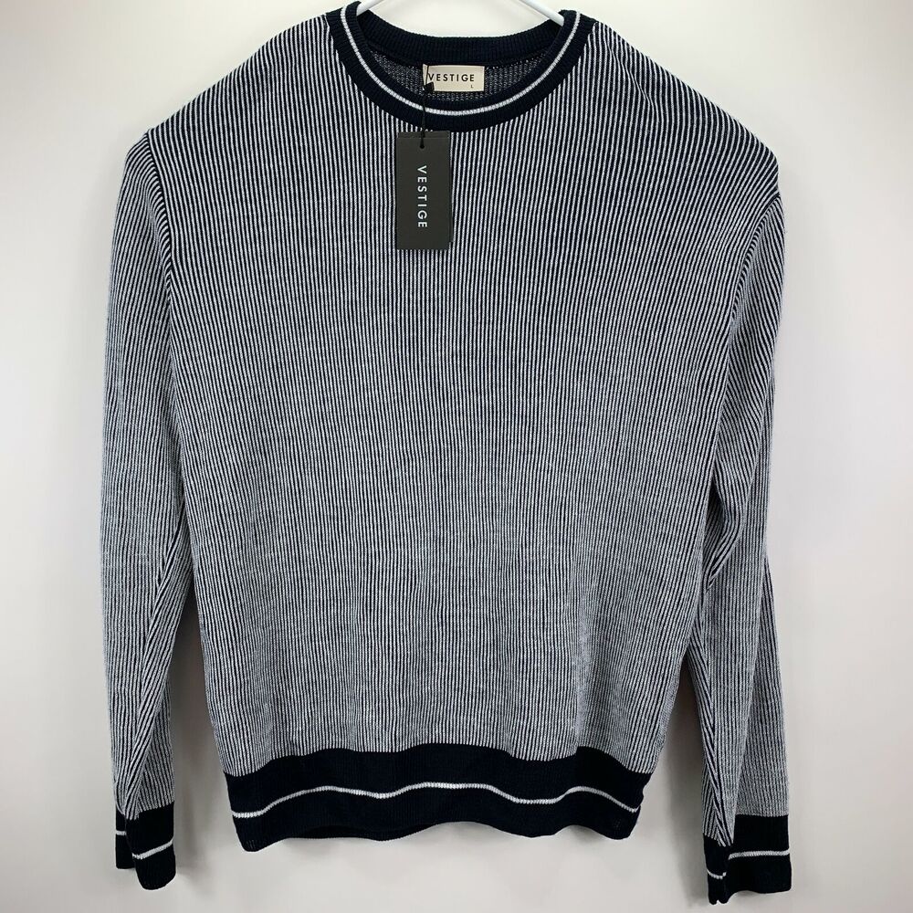 Vestige Mens Crewneck Acrylic Striped Knit Pullover Sweater Navy Blue White L